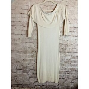 Madberry Sweater Dress Medium Ribbed Knit Ivory Cream Midi Stretch Off Shoulder